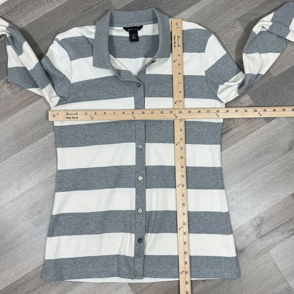 Moda International Rugby Stripes Button Front Cardigan Sweater Grey White Medium - Picture 10 of 11